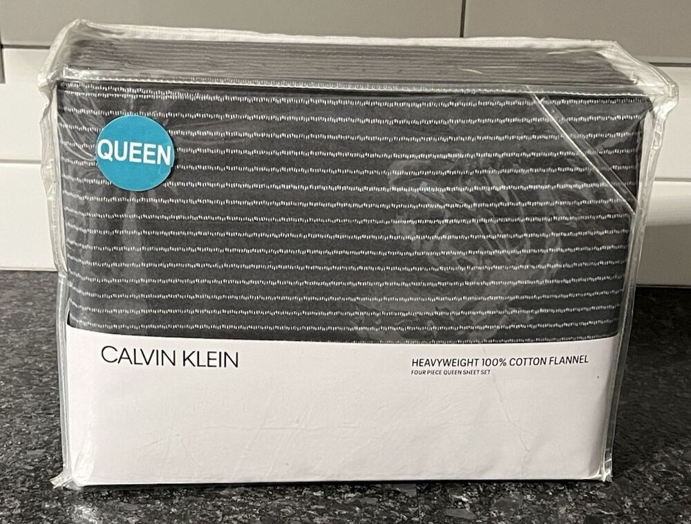 CALVIN KLEIN Cotton Flannel 4 Pc QUEEN Size SHEET SET NEW / Gray White Stripes
